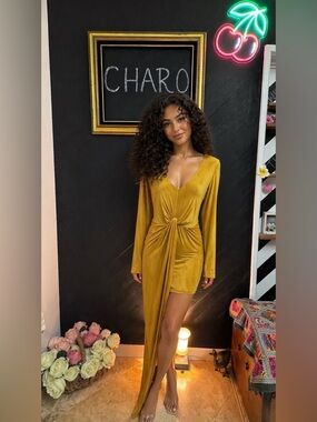 CQ by CQ Mustard Yellow Twist Front Asymmetrical Hi-Low Midi Dress